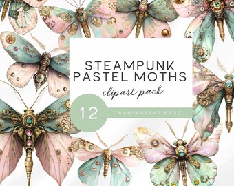 Steampunk Moth Clipart, Pastel Fantasy Moths with Gears, Vintage Mechanical Butterfly Art