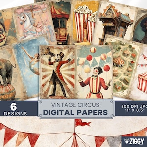 Pagine di diario vintage da circo: stravaganti effimeri oggetti di carnevale (download digitale)