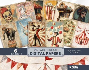 Páginas de diario de recuerdos de circo vintage: objetos efímeros de carnaval caprichosos (descarga digital)