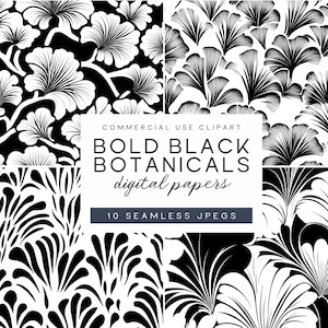 Motivi floreali astratti, forme geometriche audaci in bianco e nero, carta digitale botanica, design vintage senza tempo, ad alto contrasto e senza soluzione di continuità