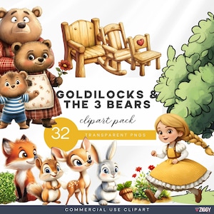 Clipart Goldilocks, sprookjesachtige illustraties, drie beren graphics, kinderkamer kunst aan de muur, Decor Kids Party, verhalenboek tekenset