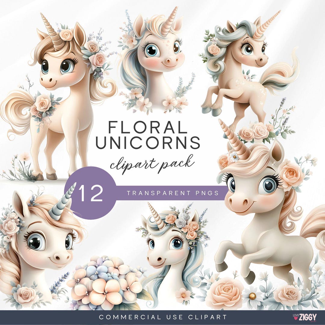 Whimsical Floral Unicorn Clipart Set | 12 Pngs Cute Unicorns & Pastel ...