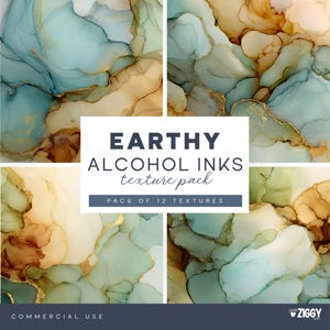 Op de afbeelding: Een verzameling van twaalf abstracte alcoholinkttexturen in tinten van teal, goud en bruin. De afbeelding toont een verscheidenheid aan organische vormen en patronen, met een aquareleffect. De tekst "EARTHY ALCOHOL INKS texture pack" staat in het midden.