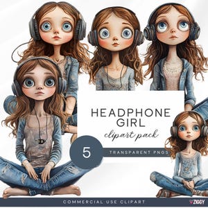 Clipart de una adolescente: Ilustración de una muñeca caprichosa con auriculares (archivos PNG)