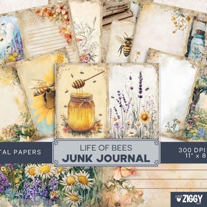Bienen Digitale Papiere, Vintage Biene Junk Journal Kit, Aquarell Bienen Seiten, Honigbiene Ephemera, Sonnenblume druckbare, Scrapbooking Collage Sheet