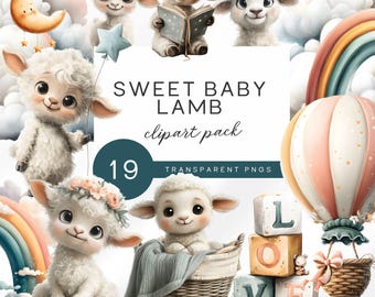 Baby lam clipartset, kinderkamer storytime png-bundel, pastelkleurige schapen- en regenboogelementen, schattige boerderijdieren babyshowerkunst
