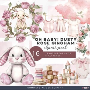 Dusty Rose Gingham Baby Shower Clipart - Rosa Baby Mädchen, Stofftiere, Bauklötze, Blush Wolken, Karos, Aquarell Babykleidung & Tiere