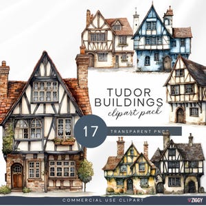 Puede incluir: Ilustraciones en acuarela de edificios de estilo Tudor. La imagen presenta una colección de 17 PNG transparentes detallados de casas con exteriores de ladrillo, madera y estuco. Los edificios tienen tejados de tejas rojas y son de varios colores.
