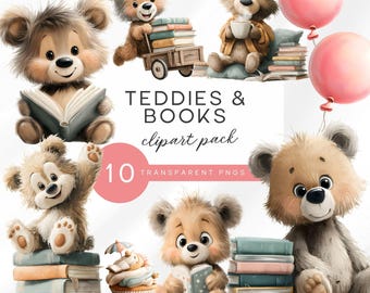 Teddy & Books Storytime Clipart Set | Watercolor Bear Reading Illustrations for Nursery and Children’s Designs,