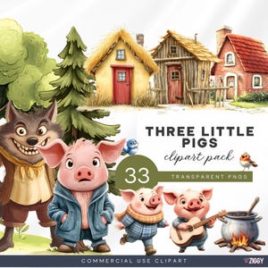 Clipart de Los Tres Cerditos / Ilustraciones de cuentos de hadas / Gráficos del Lobo Feroz / Arte mural para guardería / Decoración para fiestas infantiles / Conjunto de personajes de cuentos