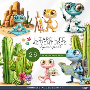Cute Cartoon Lizards Clipart, Desert Adventurers, Kids explorers, Cactus & Flower, Nursery Art, Birthday Invitations, Commercial Use PNG