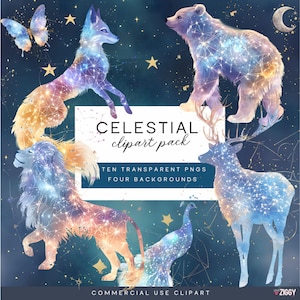 ClipArt di costellazioni ad acquerello: animali dello zodiaco, volpe, leone, orso, cervo, pavone, stelle, lune, nebulosa, astrologia, sfondi cosmici