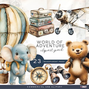 Puede incluir: Pack de imágenes prediseñadas de acuarela con globo aerostático, avión, maletas, brújula, prismáticos, oso de peluche con mochila y elefante azul. El texto dice "World of Adventure clipart pack" y "23 transparent PNGs".