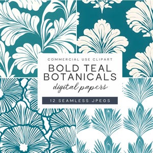 Papel digital en verde azulado y blanco intenso, formas geométricas, estampados florales abstractos, botánico, alto contraste, sin costuras, diseños vintage atemporales.