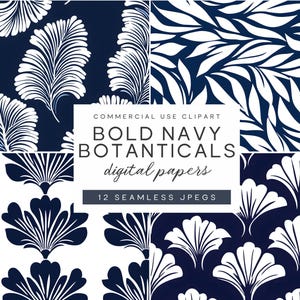 Forme geometriche audaci blu navy e bianche, motivi floreali astratti, carta digitale botanica, design vintage senza tempo, ad alto contrasto e senza soluzione di continuità