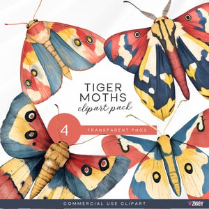 Rot, orange, blau und gelb Tigermotten in Aquarell, Magische, mystische boho Schmetterling und Motte Clipart für Scrapbooking, junk journals