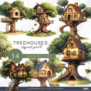 Magical Treehouse Illustrations, Storybook Rustic Tree Forest Cottage Clipart for Junk Journals, Invitations, Scrapbooking