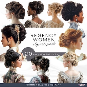 Regency Fashion Clipart Pack, Vintage Women, Pride & Prejudice, Victorian Regency Era, Watercolour, Elegant Hair Up, Bridgerton Style