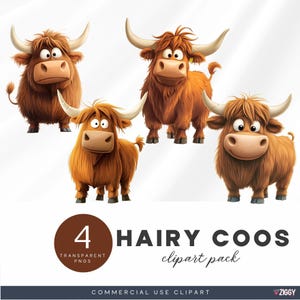 Bundle de clipart drôle de vache Highland, roucoulements poilus originaux avec des expressions idiotes, graphiques fantaisistes d'animaux de ferme, scrapbooking & journal indésirable PNG