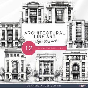 May include: A collection of architectural line art clipart, featuring 12 transparent PNGs. The image presents detailed black and white illustrations of building facades. The buildings display classical architectural features, such as columns, arches, and decorative elements. The text "Architectural Line Art" and "clipart pack" are visible.