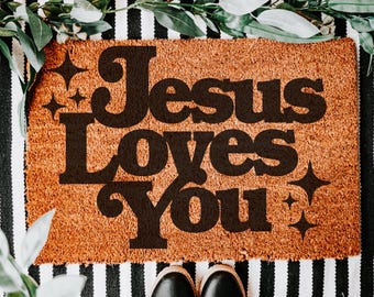 Christian Welcome Mat: "Jesus Loves You" Faith Inspired Home Decor