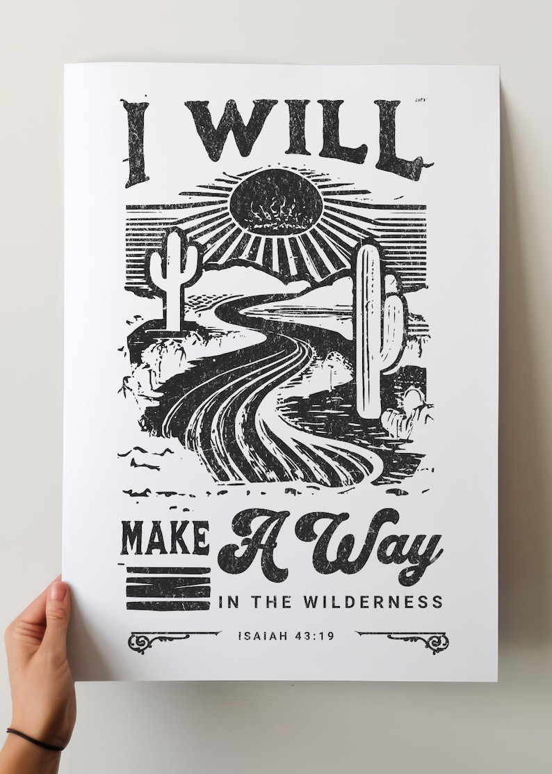 Close-up of inspirational Christian poster.
Western-inspired Christian wall art featuring a meaningful Bible verse, ideal for rustic home decor or as a housewarming gift for teens.