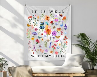 Floral Christian Tapestry: "It Is Well" Scripture Wall Art
