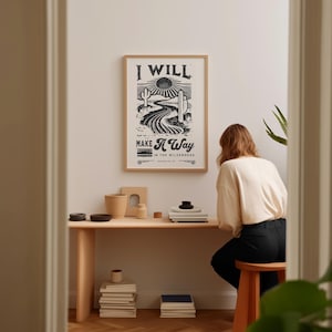 Christian poster displayed in a cozy bedroom.
Rustic Christian wall art print with an inspirational Bible verse, a perfect housewarming gift or country-themed home decor for teens.