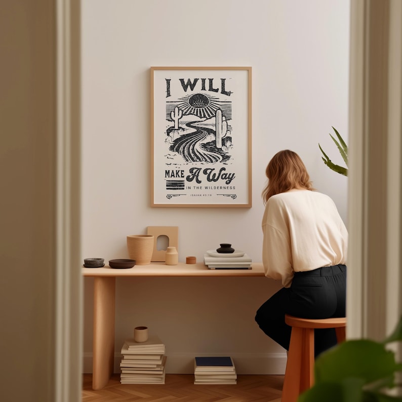 Christian poster displayed in a cozy bedroom.
Rustic Christian wall art print with an inspirational Bible verse, a perfect housewarming gift or country-themed home decor for teens.