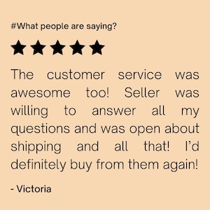 May include: Five star review with the text "The customer service was awesome too! Seller was willing to answer all my questions and was open about shipping and all that! I'd definitely buy from them again! - Victoria"