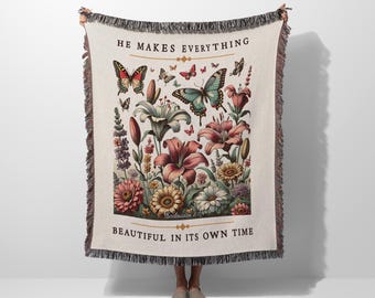 Christian Woven Throw Blanket: Scripture Tapestry, Floral Prayer Blanket