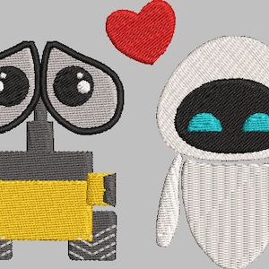 Puede incluir: Un robot blanco con ojos azules y una cara gris, un robot amarillo y gris con ojos grandes y un corazón rojo. Los robots se abrazan amorosamente.