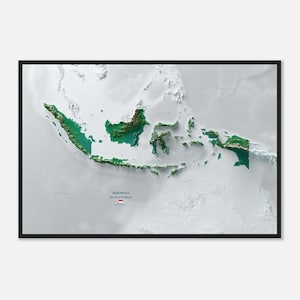 May include: A topographic map of Indonesia, showing the islands and mountains in green, with the text "INDONESIA" and "Straddling the Equator" in blue. The Indonesian flag is shown in the bottom right corner.
