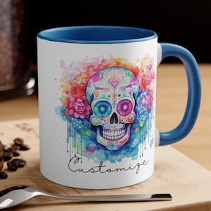 Personalized Sugar Skull Coffee Mug, Skull Mug, Skull Cup, Sugar Skull Mug, Candy Skull, Watercolor Sugar Skull, Day of the Dead