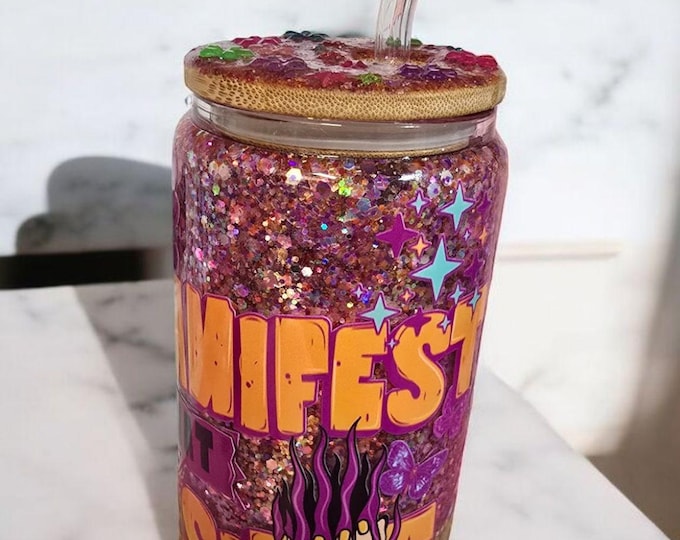 Snowglobe 20 oz Glitter Manifest that Shit Tumbler Glass - Reusable, Portable, Washable Drinkware - Cup, Bottled, Water Bottles, Bottle, Mug