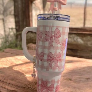 Coquette 40 oz Pink Bows Tumbler with Bow Charm and Straw Topper - BPA Free Portable Drinkware for Everyday Use - Stylish Adorable Flask