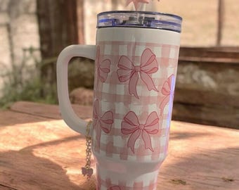 Coquette Pink Bows Tumbler: 40 oz BPA-Free Drinkware with Bow Charm