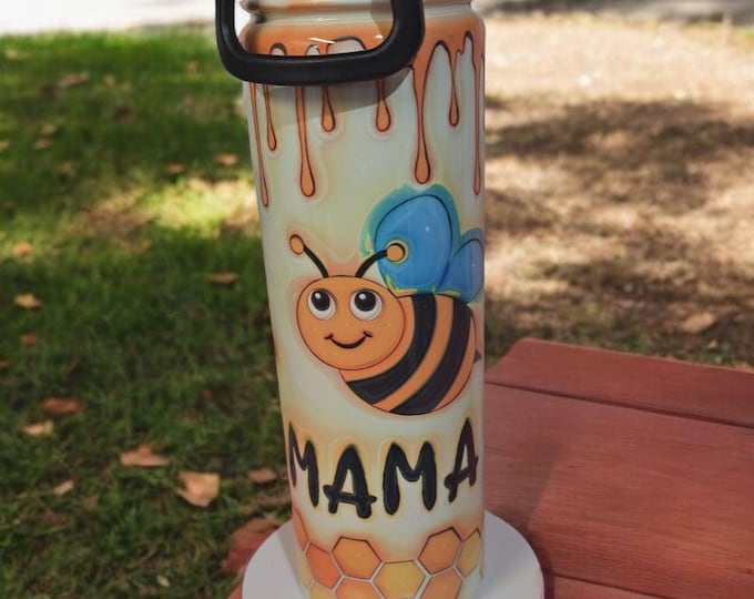 Mama Bee 22 oz Tumbler Bottle with Bee Design, Black Handle, and White Base - Drinkware, Cup Bottled