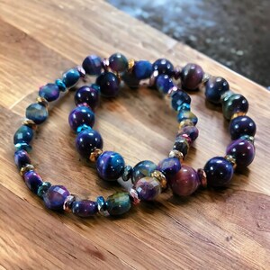 Galaxy Rainbow Tiger Eye-armband med hematitspacer/Aurora Cat Eye