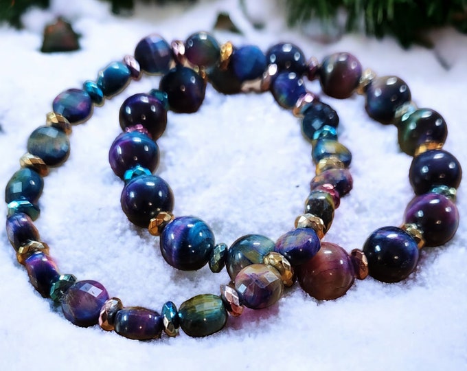 Galaxy Rainbow Tigers Eye bracelet with Hematite Spacer/Aurora Cats Eye