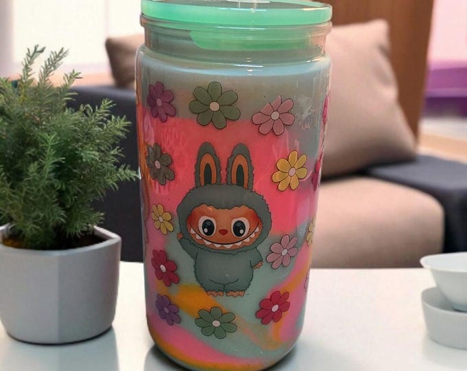 Funny Monster Swirl Snowglobe 16 oz Acrylic Cup with Colorful Floral Design and Cute Monster Illustration