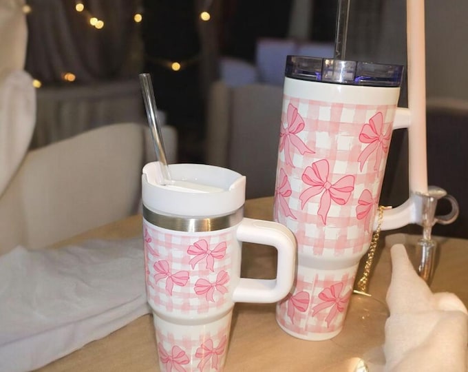 Mommy and Me Coquette Pink Bow 40 oz and 14 oz  tumblers,  adult and mini tumbkers/ matching tumbers with handle and straw Water Bottles Set