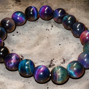Pulsera de ojo de tigre arcoíris galaxia/pulsera de cuentas Aurora de 10 mm