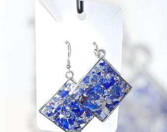 Handmade Resin Earrings: Floating Natural Crystal Rocks, Diamond Dangle