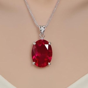 Pendentif ovale rubis rouge de 107 carats : argent sterling fait main, pierre précieuse de Birmanie