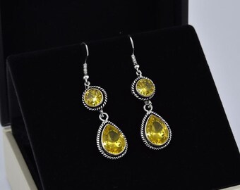 Yellow Teardrop Dangle Earrings | Handmade Silver Gemstone Jewellery | Prosperity & Joy Crystal | Elegant Gift for Her | Boho Drop Earrings