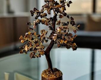 Arbre à souhaits fait main avec pierres précieuses en oeil de tigre | Arbre de cristal guérisseur | Énergie, équilibre et prospérité | Décoration d'intérieur Feng Shui