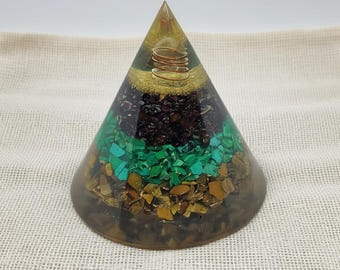 Orgonite Pyramid Cone with Tiger Eye, Turquoise and Amethyst | Energy Generator for Chakra Healing, Protection & Positivity | Handmade Decor