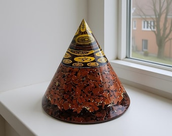 Red Jasper Orgonite Pyramid Cone | Energy Generator for Strength, Courage & Grounding | Handmade Healing Crystal Meditation Decor