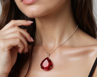 100 Carat Pear Cut Red Ruby Pendant: Handmade Sterling Silver Necklace